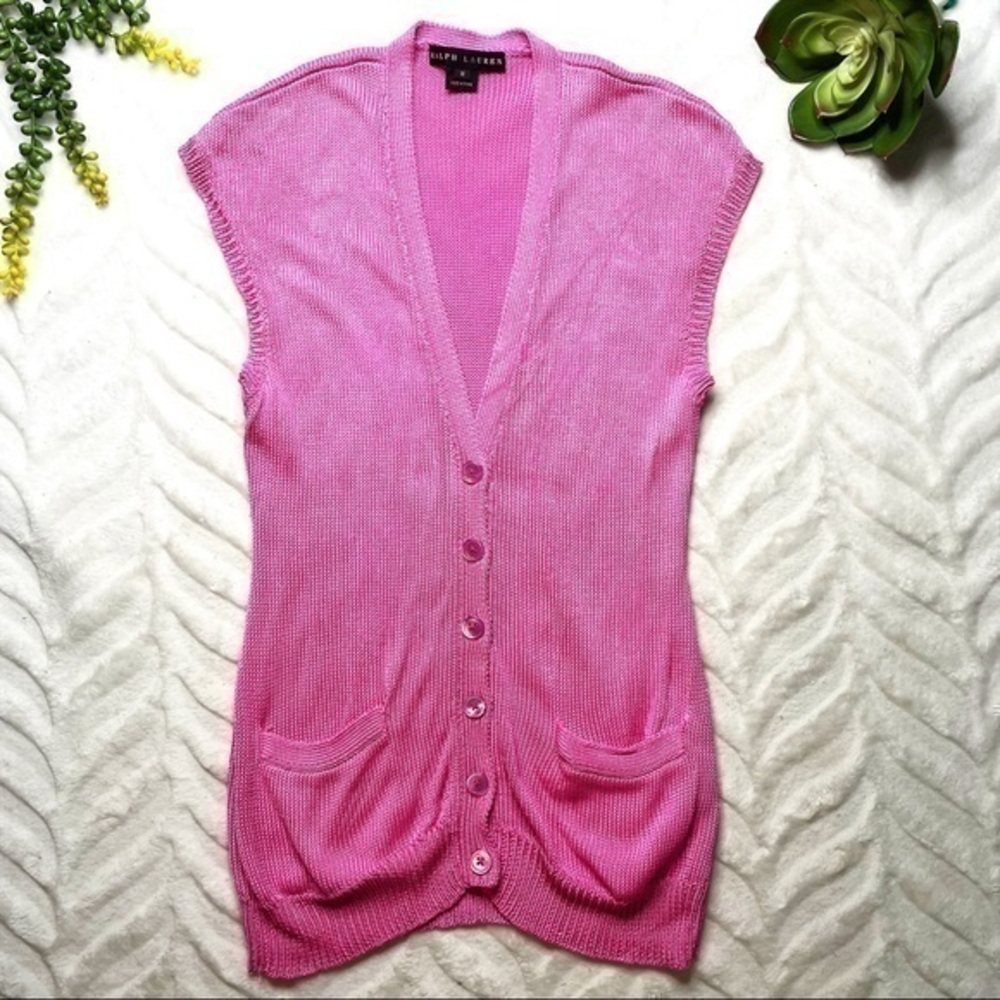 Ralph Lauren Black Label 100% Silk Knit Longline Sleeveless Cardigan in Pink Med